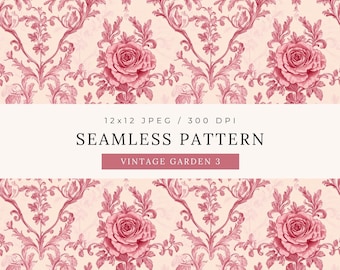 Diseño sencillo sin costuras de tela rosa, rosas vintage, estilo Toile de Jouy francés, estampado floral victoriano repetitivo, fondo romántico Grandmillennial.
