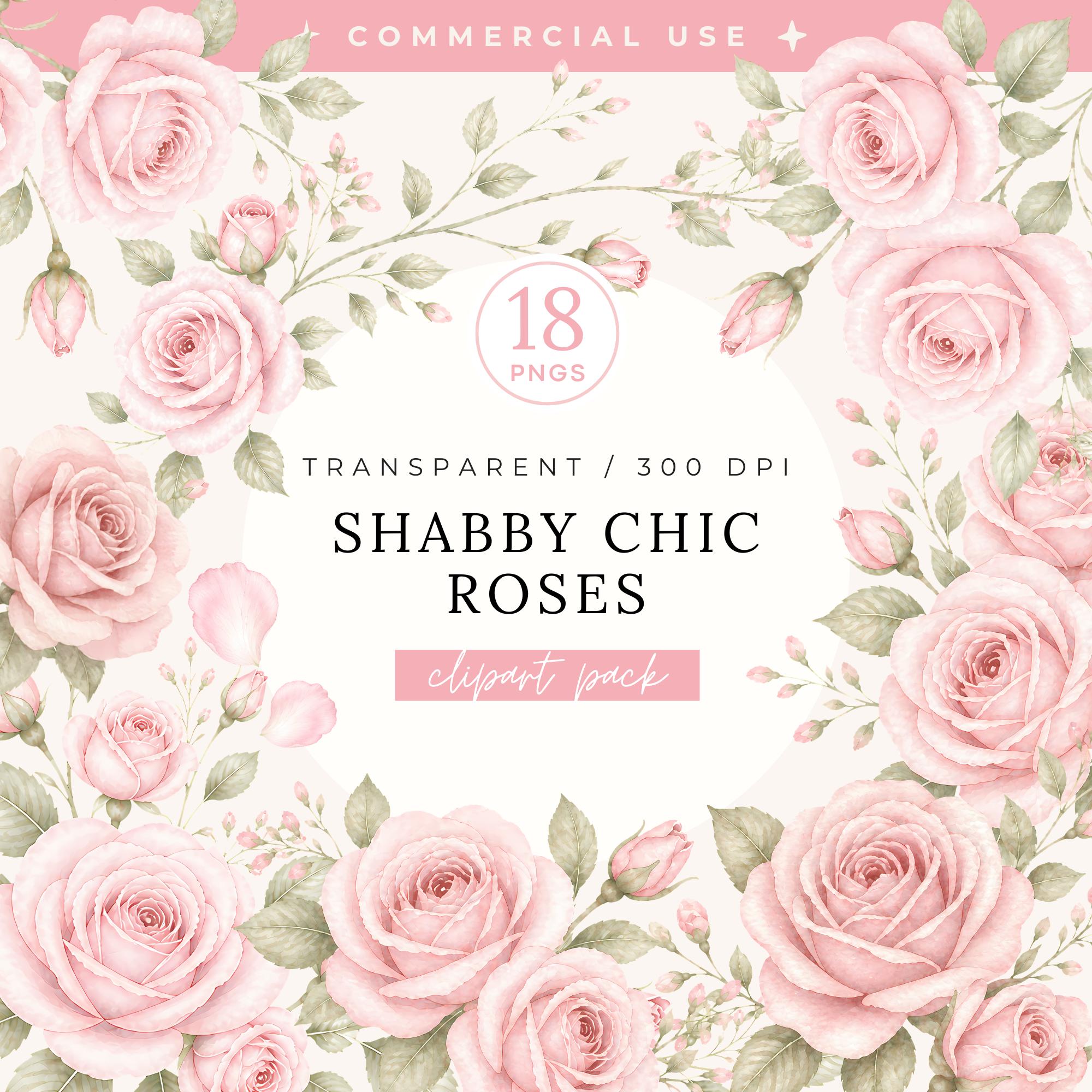 Shabby Chic Roses Clipart Pack, Blush Pink Vintage Floral PNG, Romantic ...