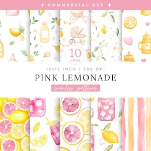 以下が含まれることがあります： 「Pink Lemonade」というタイトルのデジタルアートコレクション。シームレスパターンが特徴です。パターンには、レモン、ピンクのグレープフルーツ、ベビーカー、レモネードの水彩イラストが含まれています。画像には「12x12 inch / 300 DPI」と「seamless patterns」の文字が含まれています。