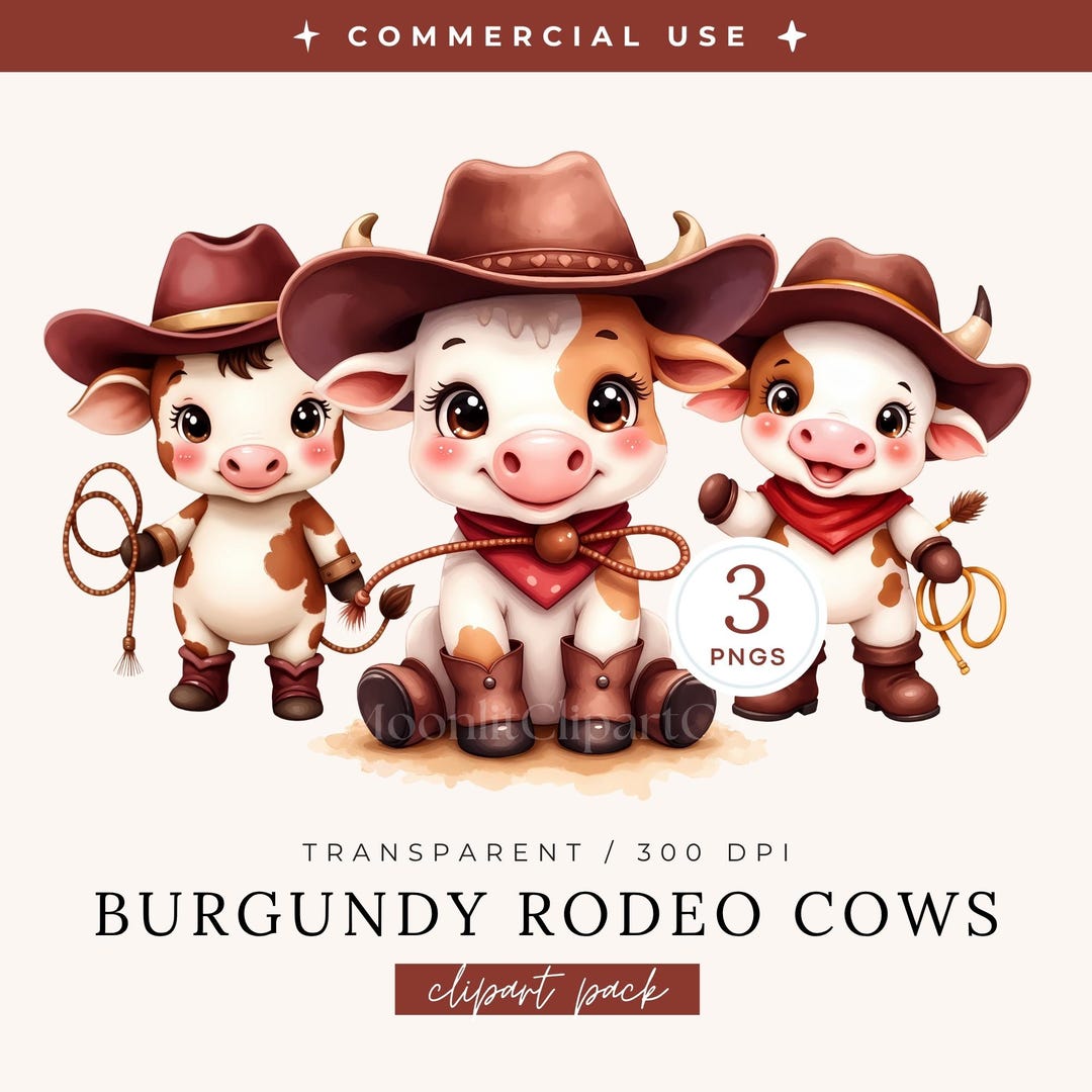 Burgundy Rodeo Cows Clipart Pack, My First Rodeo Birthday Party ...