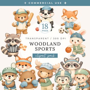 Pacchetto di clipart di animali sportivi del bosco, atleti della foresta ad acquerello PNG, volpe tennista, coniglietto con pallone da basket, giochi di compleanno per bambini