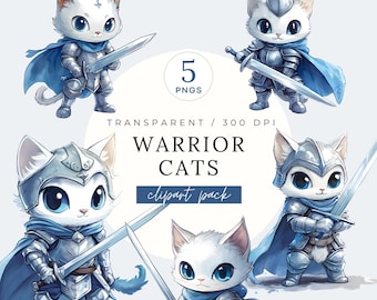 戦士猫のクリップアートパック、水彩画の中世の子猫、剣を持った騎士