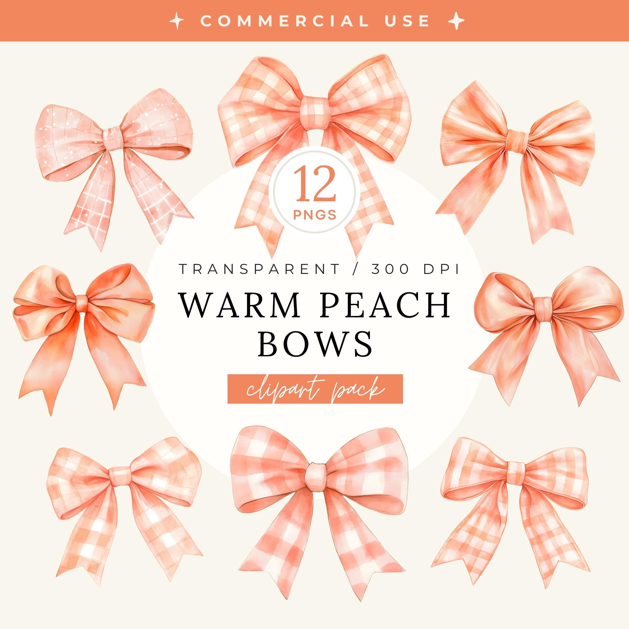 Warm Peach Bows Clipart Pack, Gingham Coquette PNG, Watercolor 