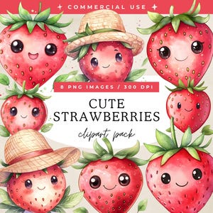 Pack de cliparts fraises mignons, fruits kawaii, fraises chibi, fruits d'été aquarelle rouge, PNG transparents, fabrication de cartes, petits fruits, confiture