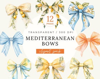 Könnte beinhalten: Eine Sammlung von Aquarell-Schleifen in verschiedenen Designs und Farben, darunter Gelb, Blau und Orange. Einige Schleifen weisen Zitronen- und Blumenakzente auf. Das Bild enthält den Text "Mediterranean Bows" und "clipart pack".