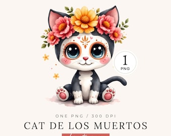 Cat de Los Muertos Clipart | SINGLE IMAGE | Watercolor Floral Cat Sugar Skull, Day of The Dead PNG, Mexican Folk Art, Cute Halloween Kitten