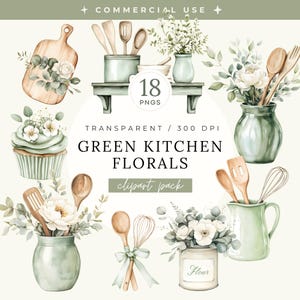 Pacote de clipart de sálvia verde, chá de panela em aquarela, PNGs de panificação para estocar na cozinha, decoração de utensílios de cozinha, chef de panificação caseiro