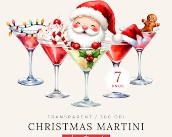 クリスマス・マティーニ・クリップアートパック、水彩カクテルドリンクPNG、アルコールパーティーイラスト、赤いサンタクロース、クリスマスライト、キャンディケーン
