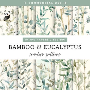 May include: Ten digital paper designs featuring watercolor illustrations of bamboo and eucalyptus leaves. The patterns are seamless and perfect for crafting projects, scrapbooking, and digital design.