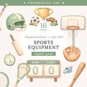Sports Equipment Clipart Pack, Watercolor Kids Sport Theme, Soccer Goal, Football Helmet, Baseball Bat, Tennis Racket, Classroom Activities