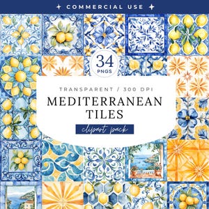 Medelhavsplattor Clipart Set, Akvarell Blå och Vit Azulejo Keramikplattor, Citron Möhippa, Italiensk Sommar, Amalfi Citrus PNG