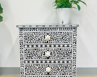Bone Inlay Nightstand with 3 Drawers Black & White Floral