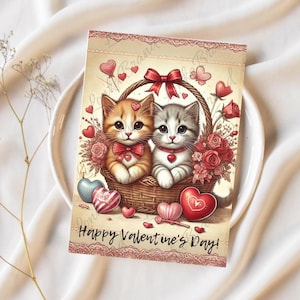 Cartão de gatos do dia dos namorados, cartão de impressão digital, arte de parede digital, mensagem de amor, casal se beijando, celebrando o amor, presente de gato feliz dia dos namorados