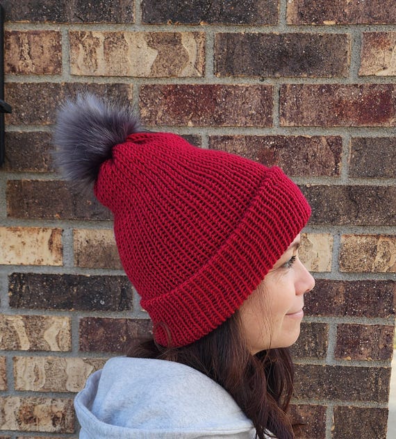 Handmade Red Winter Hat With Pompom, Acrylic Knit Beanie - Etsy display picture 3