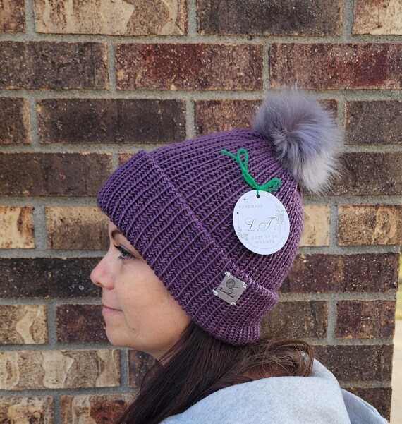 Handmade Purple Knitted Beanie With Pom | Winter Acrylic Hat  display picture 2