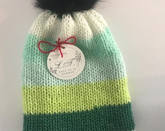 Handmade Knitted Striped Kids Winter Hat | Green Acrylic PomPom Beanie