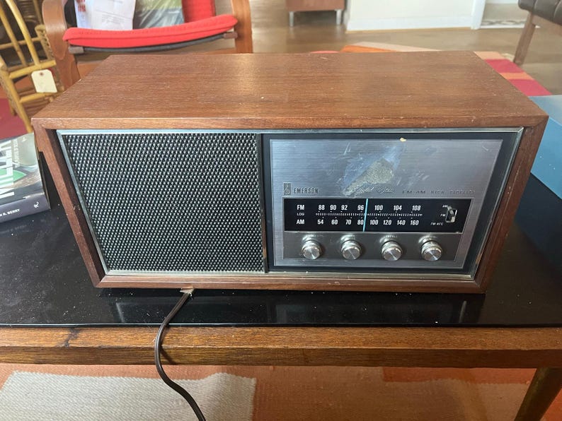 vintage Emerson Model 31T56 radio, a solid-state AM/FM tuner in a wood cab. image 8