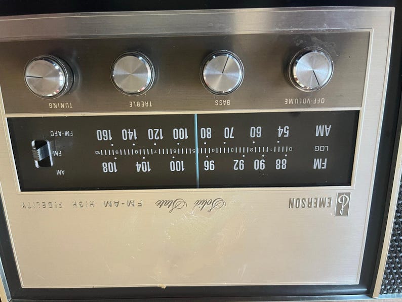 vintage Emerson Model 31T56 radio, a solid-state AM/FM tuner in a wood cab. image 9