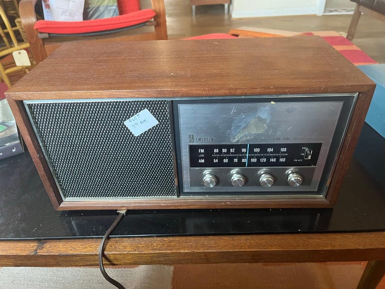 vintage Emerson Model 31T56 radio, a solid-state AM/FM tuner in a wood cab. image 7