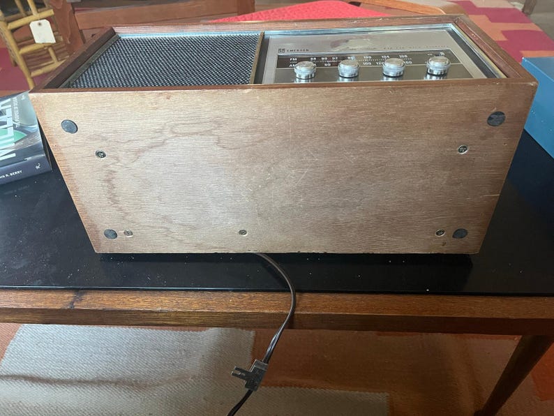 vintage Emerson Model 31T56 radio, a solid-state AM/FM tuner in a wood cab. image 5