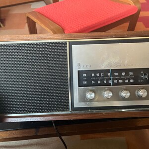 vintage Emerson Model 31T56 radio, a solid-state AM/FM tuner in a wood cab. image 2
