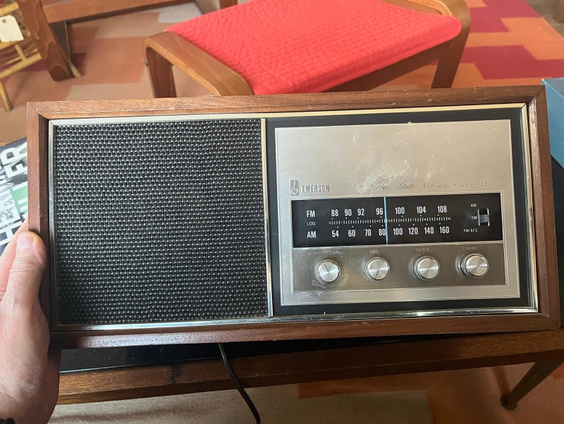 vintage Emerson Model 31T56 radio, a solid-state AM/FM tuner in a wood cab. image 2