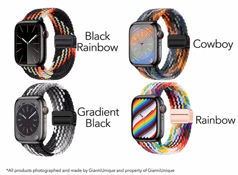 May include: Four smartwatches with braided bands in different color patterns. Top left: Black Rainbow. Top right: Cowboy with earth tones. Bottom left: Gradient Black with gray and white. Bottom right: Rainbow with a multi-colored watch face.