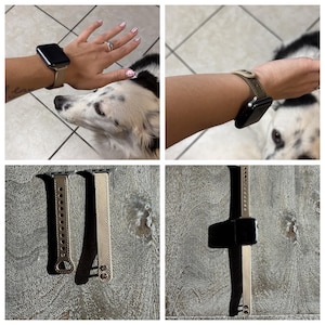 Pode incluir: Imagens de uma pulseira de couro bege para Apple Watch. A pulseira é mostrada em um pulso e separadamente. O mostrador do relógio é preto. A pulseira tem um fecho de fivela. Um cachorro é visível no fundo.