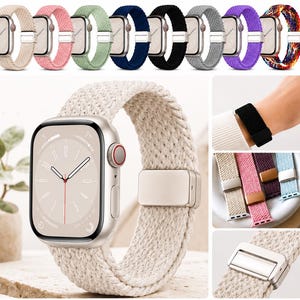 May include: A smartwatch with a beige woven fabric band featuring a metallic magnetic clasp. The display shows a clock face. Additional images show the band in various colors including pink, green, blue, black, gray, purple, and a multicolored pattern.