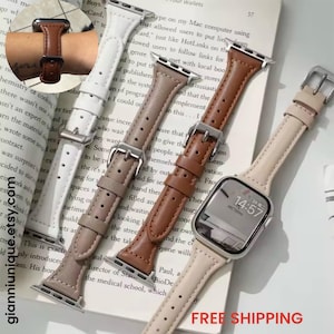 Pulseira fina de couro para Apple Watch – Pulseira delicada e fina de couro genuíno para homens e mulheres | Ultra SE Series 1–11 38 40 41 42 44 45 46 49 mm