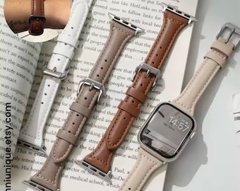 Slim Leather Apple Watch Band – Dainty Thin Genuine Leather Strap Women Men | Ultra SE Series 1–11 38 40 41 42 44 45 46 49mm