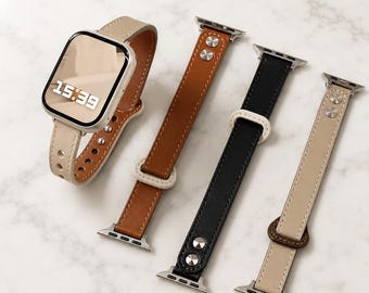 Slim Leather Apple Watch Band Women, Modern Genuine Strap in Brown Black Tan, Elegant Gift for Her, Fits 38-49mm Series 12 11 10 SE Ultra