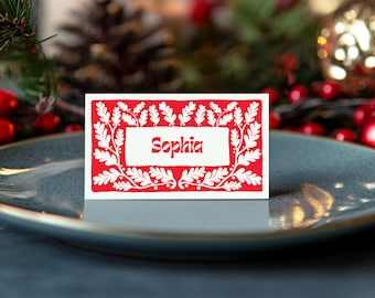 Editable Christmas Place Card Template, Holiday Name Card, Food Labels, Party Seating Card, Instant Download, Edit in Canva