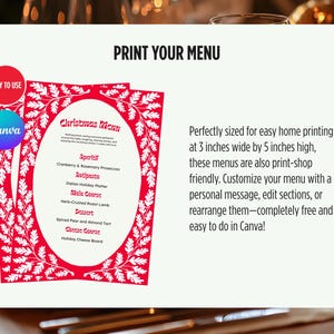 May include: Printable Christmas menu template with a red background and white floral border. The menu includes sections for appetizers, main course, dessert, and cheese course. The text "Christmas Menu" is at the top of the template. The template is 3 inches wide by 5 inches high.