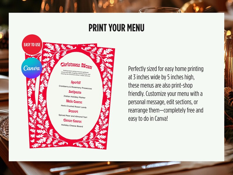 May include: Printable Christmas menu template with a red background and white floral border. The menu includes sections for appetizers, main course, dessert, and cheese course. The text "Christmas Menu" is at the top of the template. The template is 3 inches wide by 5 inches high.