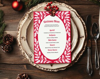Tarjeta de menú navideña, plantilla de tarjeta de menú divertida, tarjeta de menú con follaje, menú de cena navideña, menú de boda navideña, descarga digital editable
