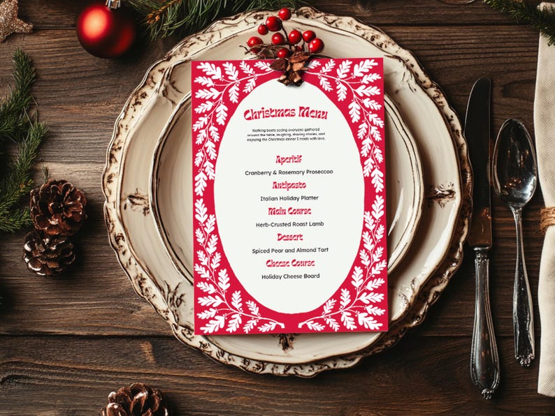 May include: A red and white Christmas menu card with a festive design. The menu includes appetizers, antipasto, main course, dessert, and cheese course. The card is placed on a white plate with a brown wooden background.