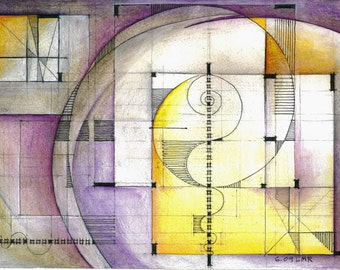 May include: An abstract geometric drawing featuring a spiral, lines, and squares in shades of yellow, purple, and grey. The drawing is on a white background and includes the text "G.09 LMR".