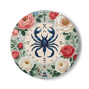 Astrology Crab Coaster, Zodiac Decor, Home Bar Accessories, Gift for Cancer Sign, Floral Design, Kitchen Coaster Set