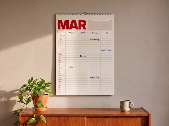 2027 Family Calendar A3, 3-5 Columns, Week Numbers, Silk Paper (Cherry Red, Cobalt Blue or Pink)