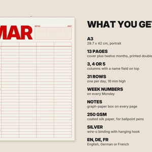 Puede incluir: Un calendario de pared con fondo crema y texto rojo. La p&aacute;gina muestra el mes de marzo con 31 filas para los d&iacute;as, una cuadr&iacute;cula para notas y encuadernaci&oacute;n wire-o plateada. Texto: WHAT YOU GET, A3 29,7 x 42 cm, 13 p&aacute;ginas, 31 filas, 250 GSM.
