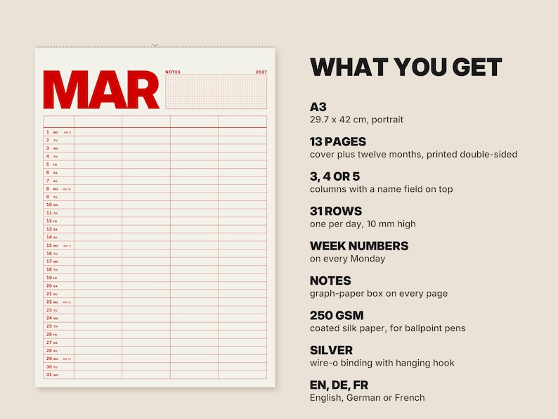 Puede incluir: Un calendario de pared con fondo crema y texto rojo. La p&aacute;gina muestra el mes de marzo con 31 filas para los d&iacute;as, una cuadr&iacute;cula para notas y encuadernaci&oacute;n wire-o plateada. Texto: WHAT YOU GET, A3 29,7 x 42 cm, 13 p&aacute;ginas, 31 filas, 250 GSM.