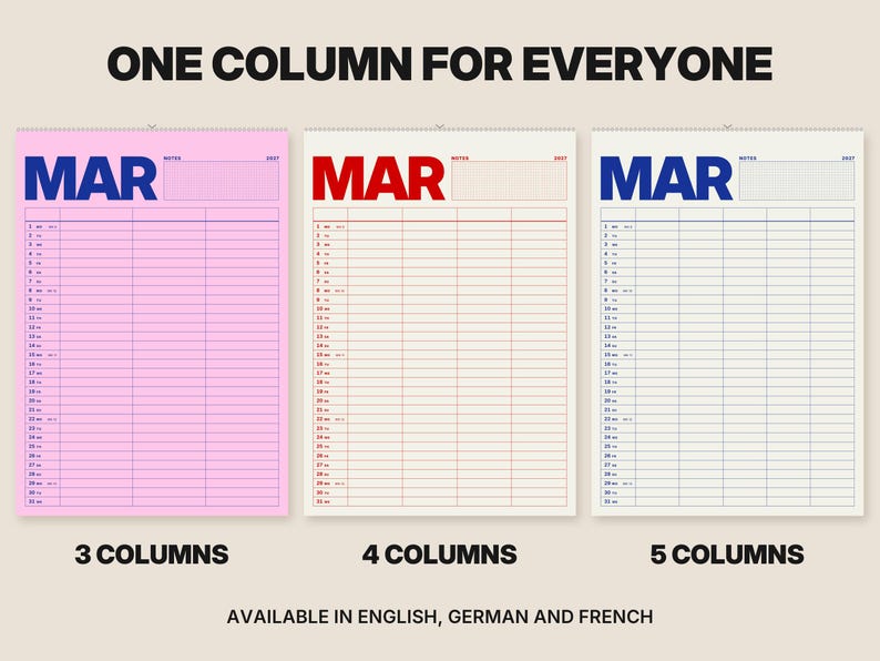 Calendario familiar 2027 A3 con 3, 4 o 5 columnas, planificador familiar en negrita con números de semana en rojo cereza, azul cobalto o rosa. imagen 5