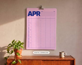 Puede incluir: Un calendario de pared de color rosa claro para el mes de abril con el texto azul en negrita que dice APR en la parte superior. El calendario incluye un diseño de cuadrícula con días numerados del 1 al 30, una sección de notas y un clip metálico.
