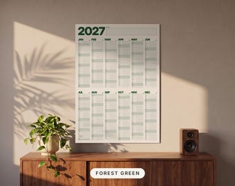 2027 Year Planner Poster A1/A2, Forest Green, Electric Blue or Black, Minimalist Wall Calendar