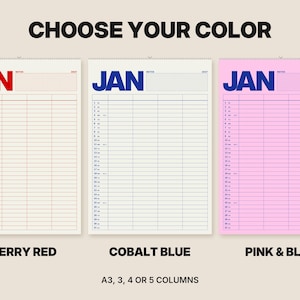 Calendario familiar 2027 A3 con 3, 4 o 5 columnas, planificador familiar en negrita con números de semana en rojo cereza, azul cobalto o rosa. imagen 6