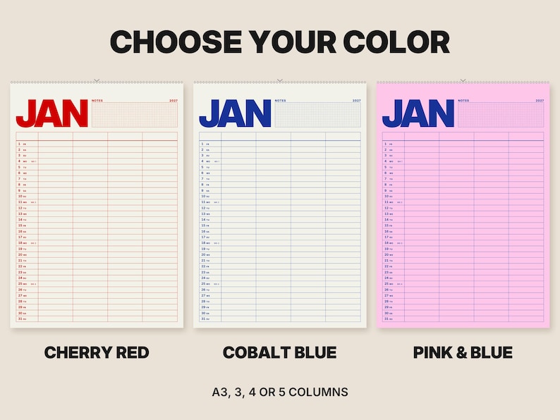 Calendario familiar 2027 A3 con 3, 4 o 5 columnas, planificador familiar en negrita con números de semana en rojo cereza, azul cobalto o rosa. imagen 6