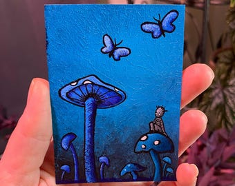 Original ACEO Painting - Blue Mushroom Fantasy Art - "Wonders Around Me"