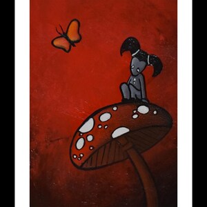 May include: A whimsical painting featuring a gray figure with black hair sitting on a red mushroom with white spots. An orange butterfly hovers nearby against a red background. The artwork is framed in white.