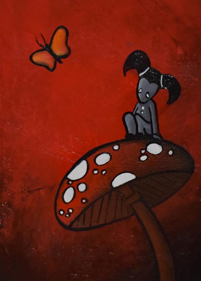 May include: A whimsical painting featuring a stylized figure seated atop a red mushroom with white spots. An orange butterfly hovers nearby against a red background. The artwork has a cartoonish style.